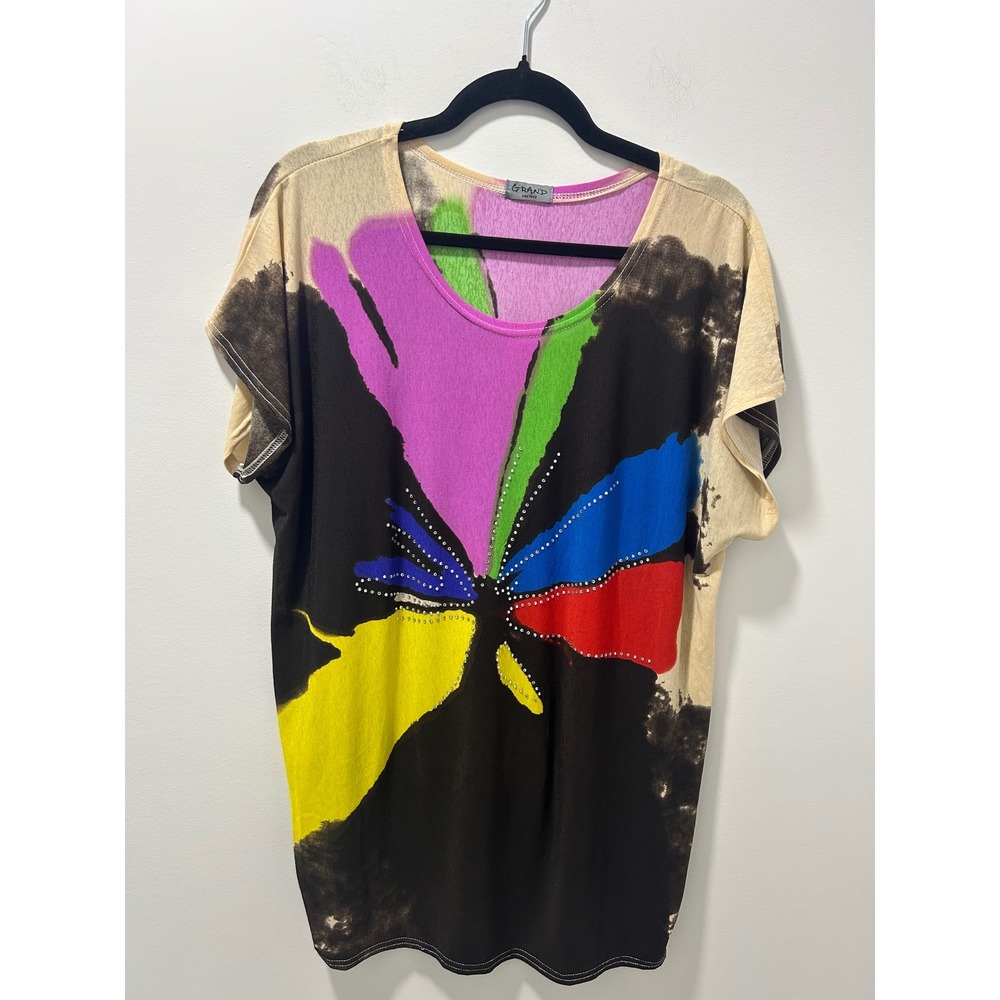 Grand CA57652 Abstract Butterfly Rhinestone Short Sleeve Top O/S Art To Wear
